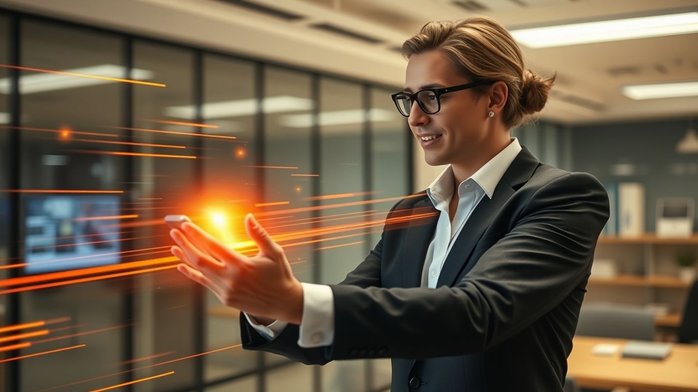 Salesperson using AI for faster lead follow-up.