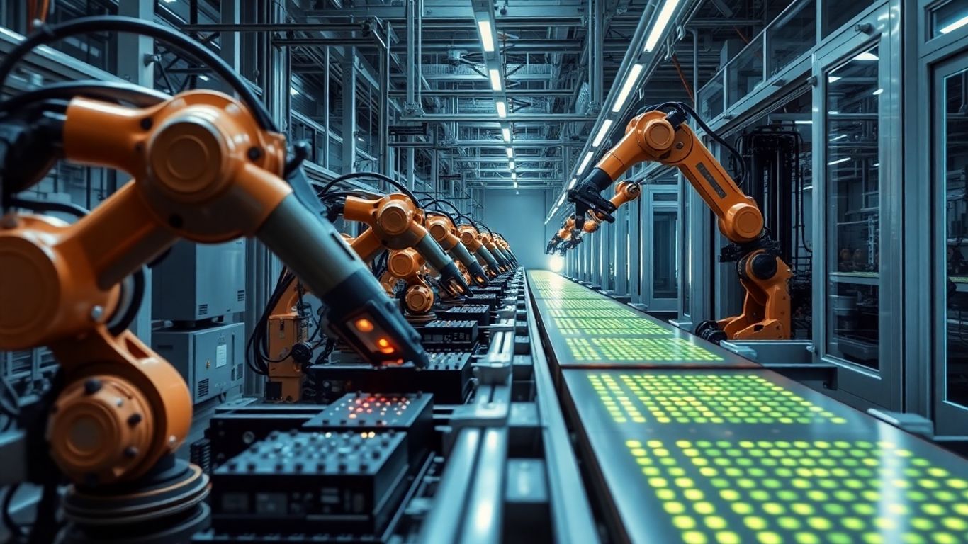 Futuristic factory with robotic arms and digital interfaces.