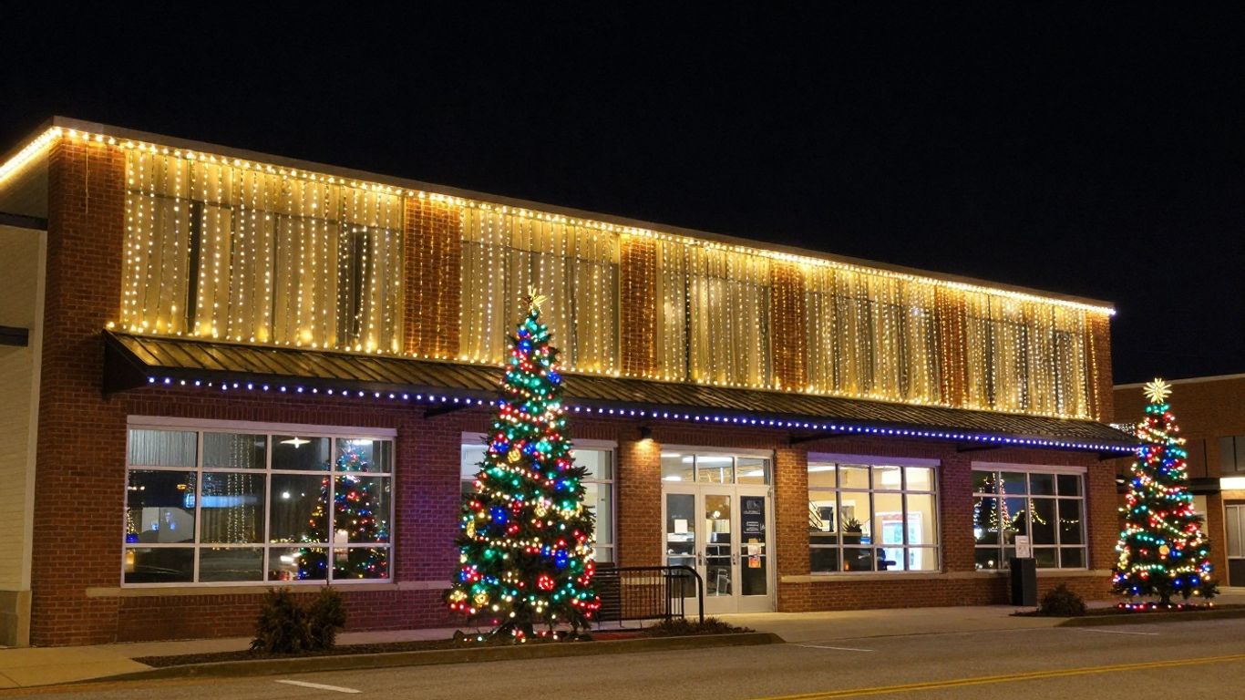 Commercial building with bright Christmas lights in O'Fallon, IL.