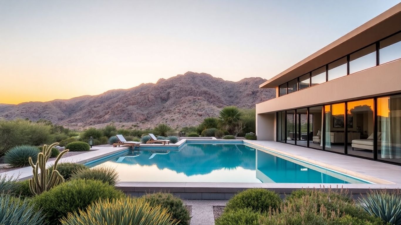 Ultra-luxury desert compound with pool at sunset.