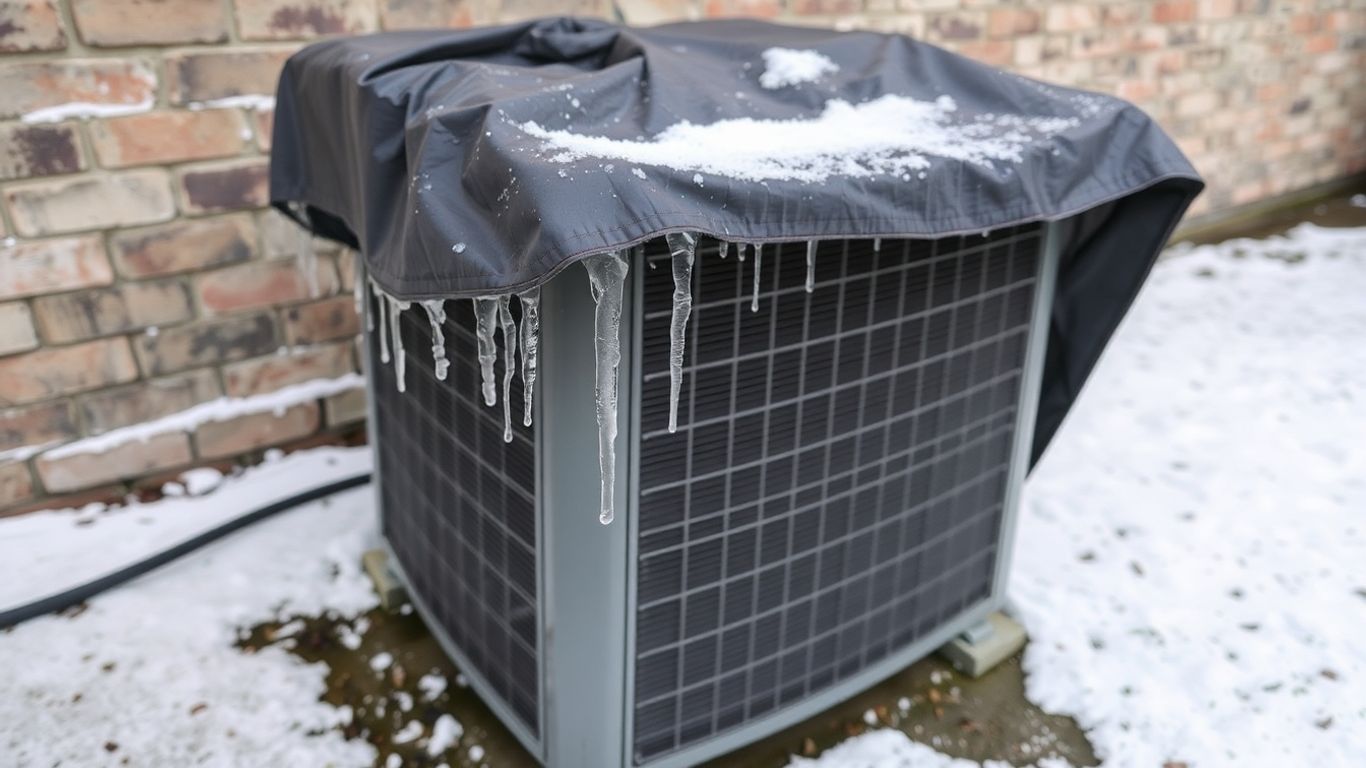 Winterized outdoor HVAC unit covered in snow.