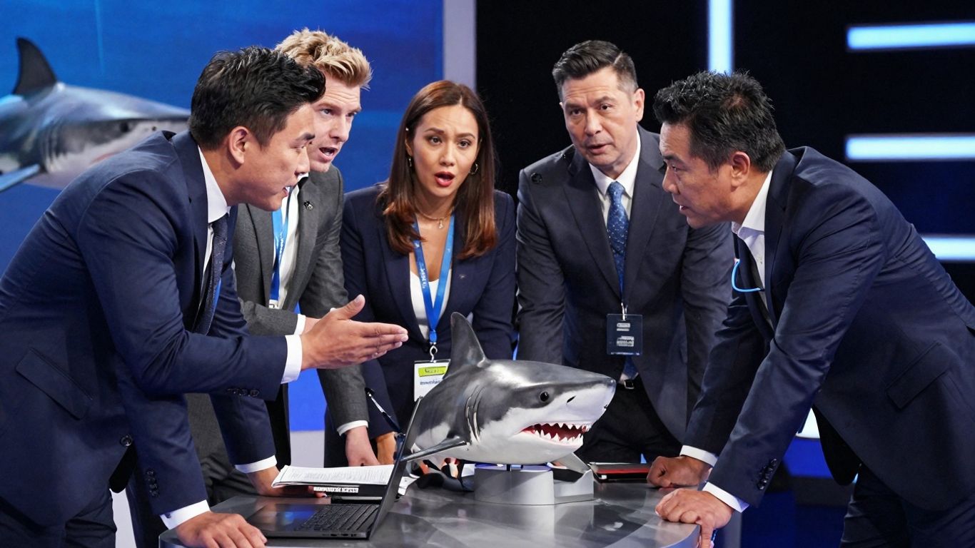 Sharks in suits negotiating with entrepreneur on Shark Tank.