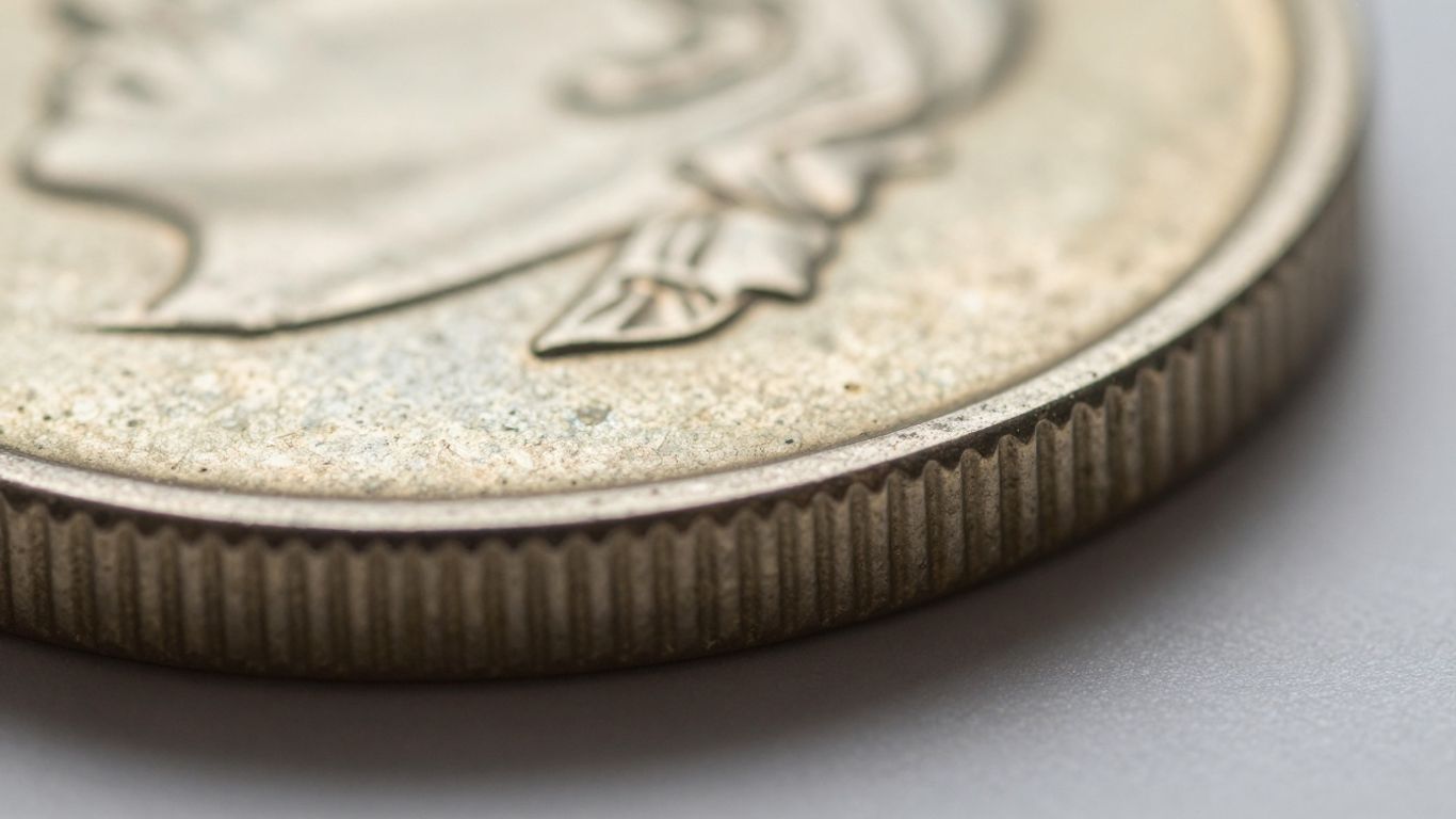Close-up of a coin's reeded edge with parallel grooves.