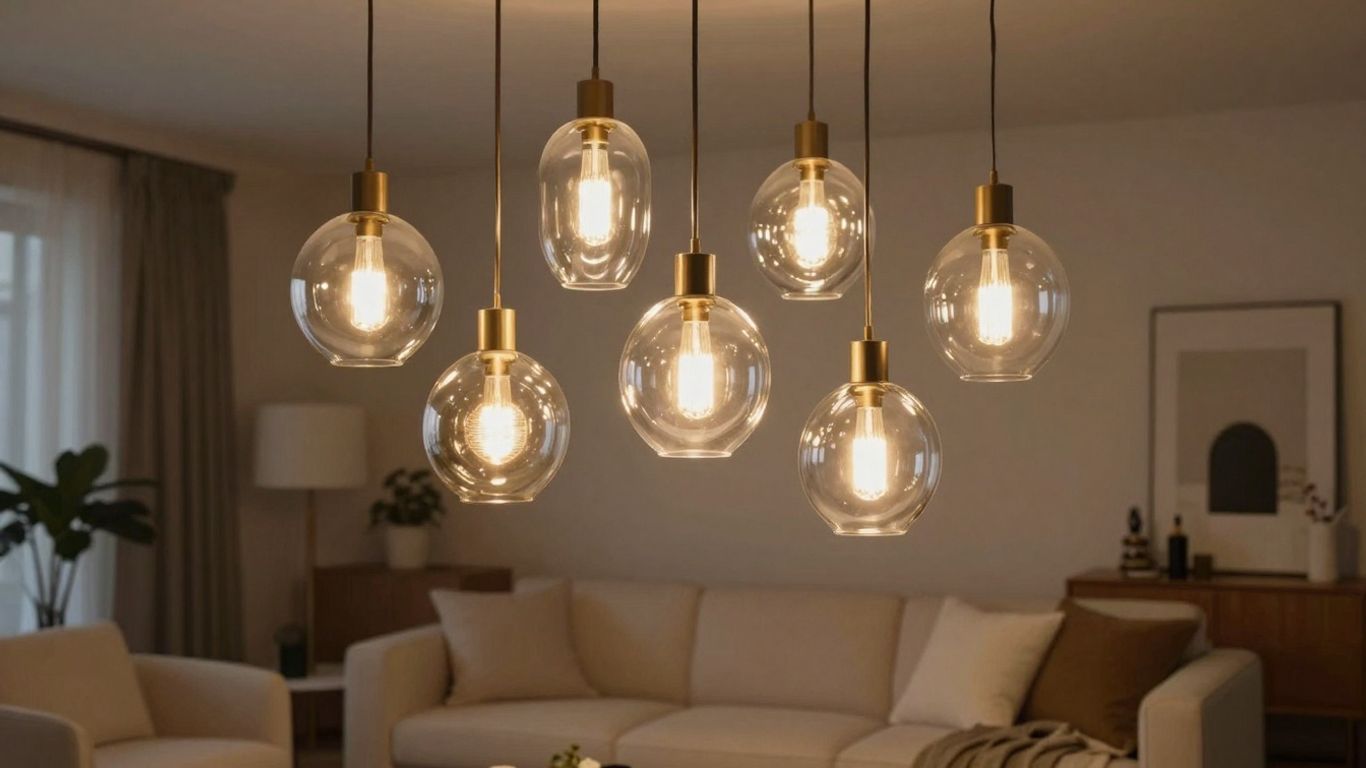Clustered glass pendant lights in a modern living room.