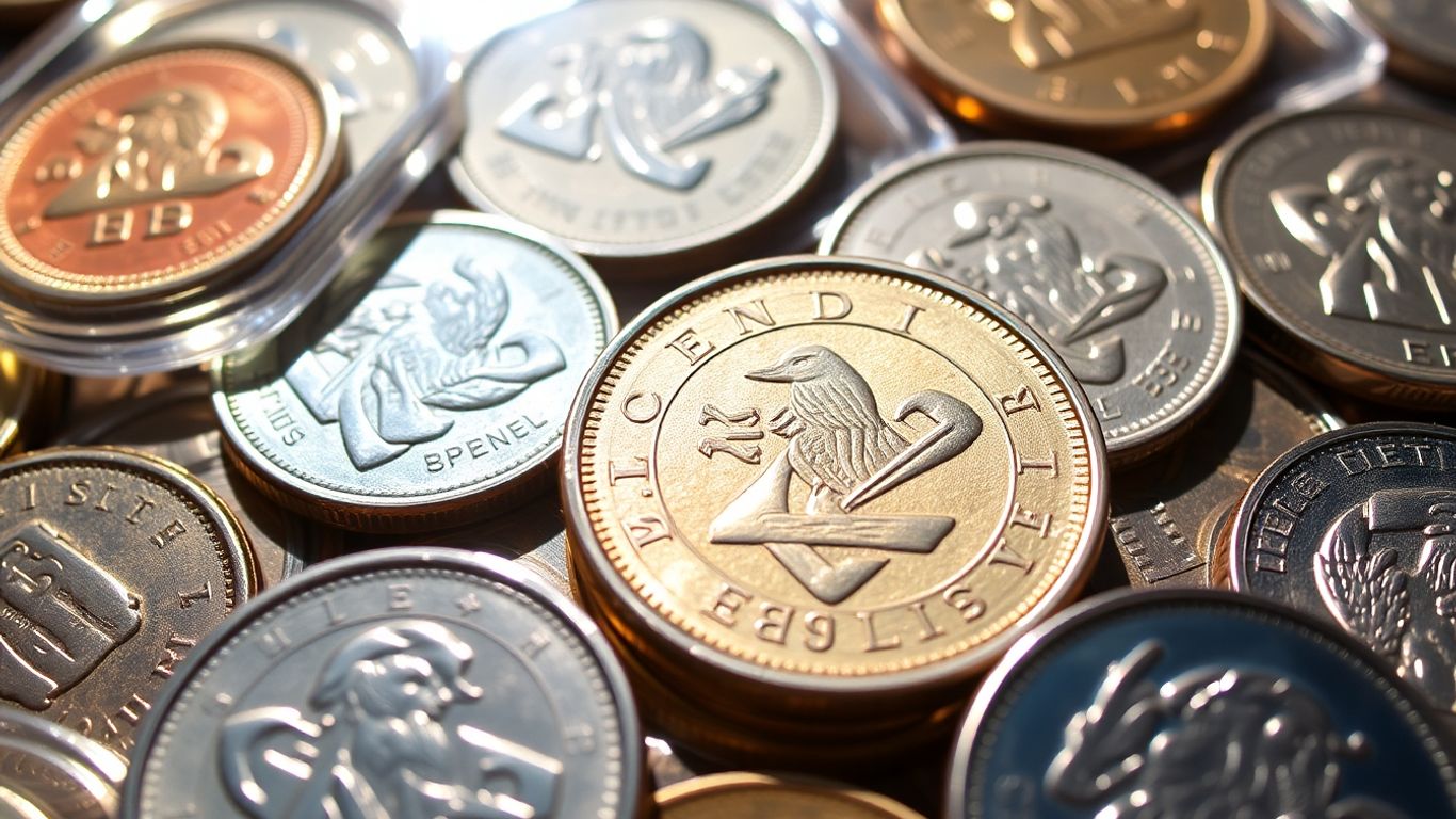 Coins in protective cases with light glinting