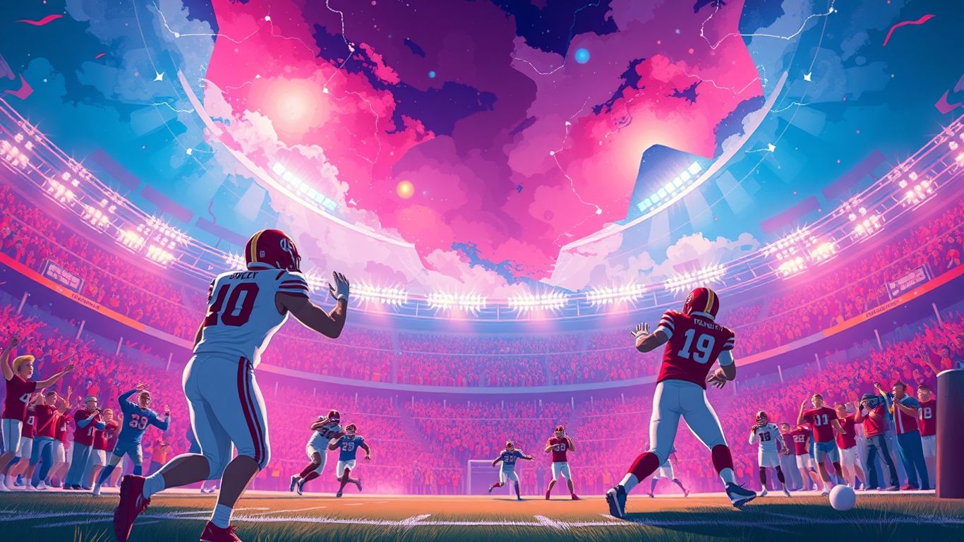 Football game action with cheering crowd and stadium lights.