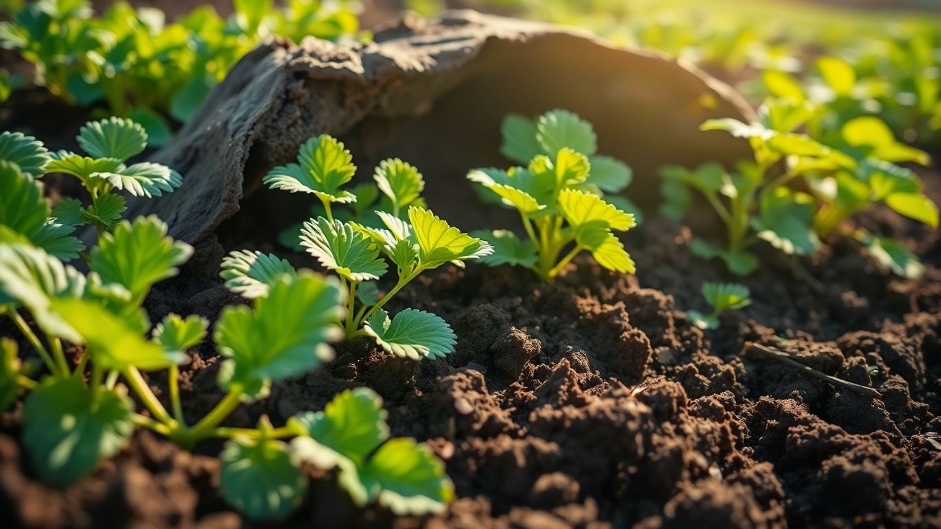 Gezonde aardappelplanten in vruchtbare, donkere aarde.
