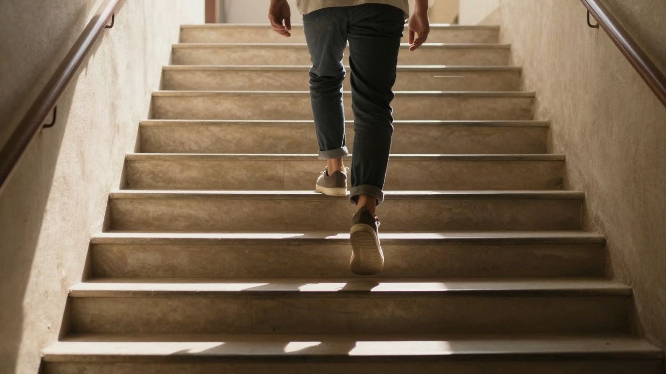 Person ascending stairs, symbolizing progress and overcoming challenges.