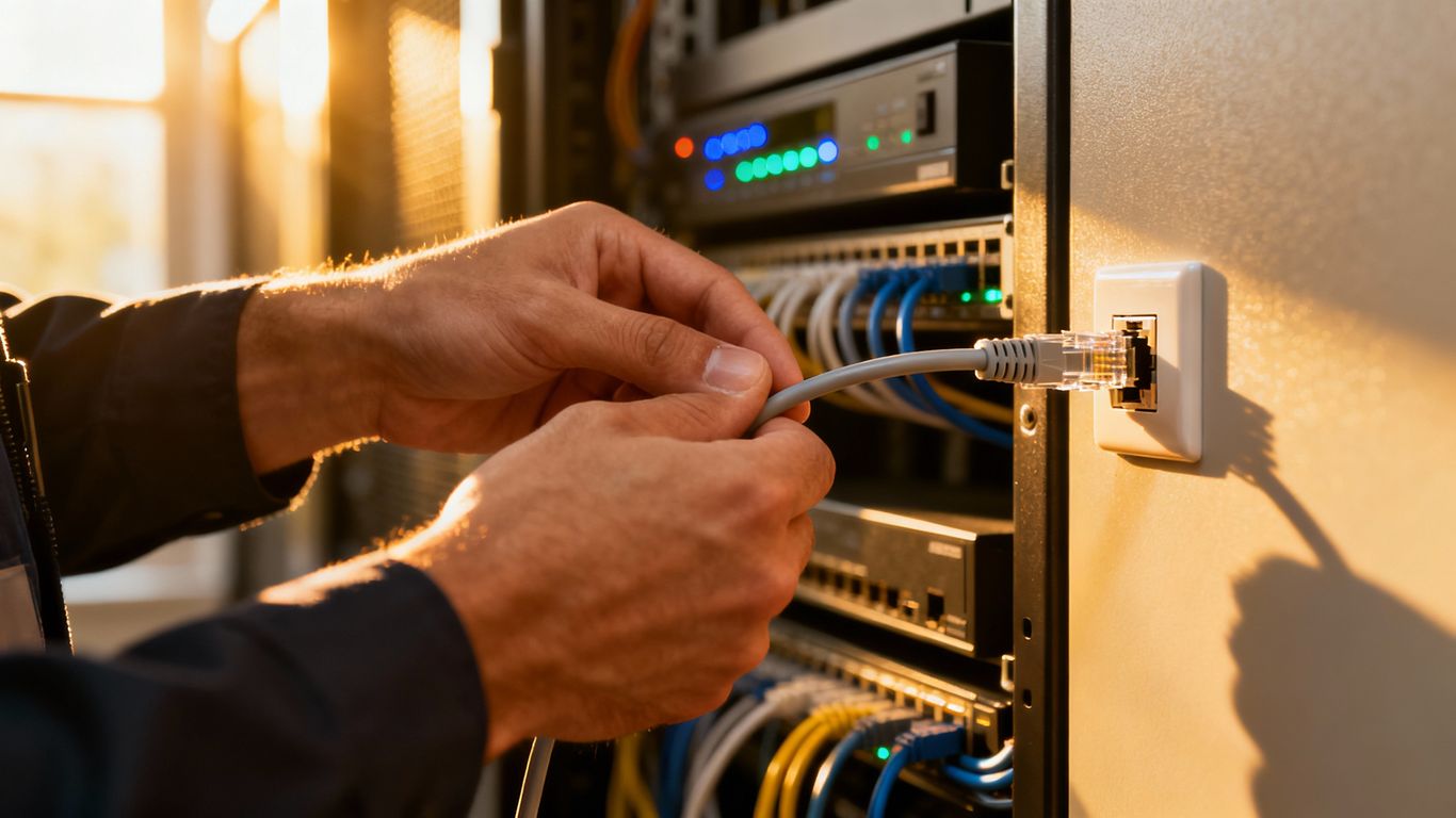 Technician connecting Ethernet cable to wall port.