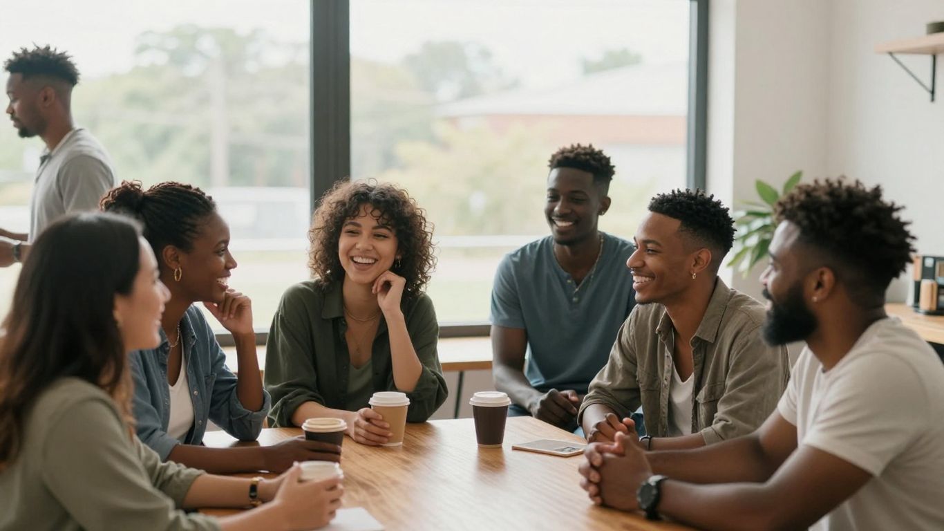 Oameni fericiți interacționând într-un grup social relaxat.