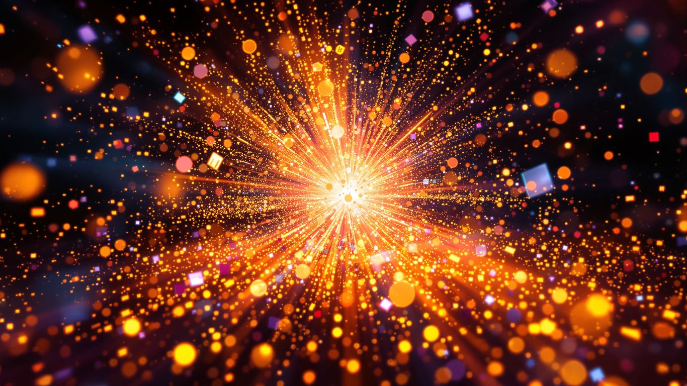Digital currency explosion with glowing particles and abstract shapes.