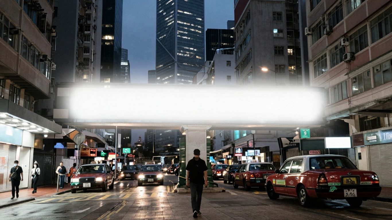 Hong Kong cityscape with a solitary person walking.