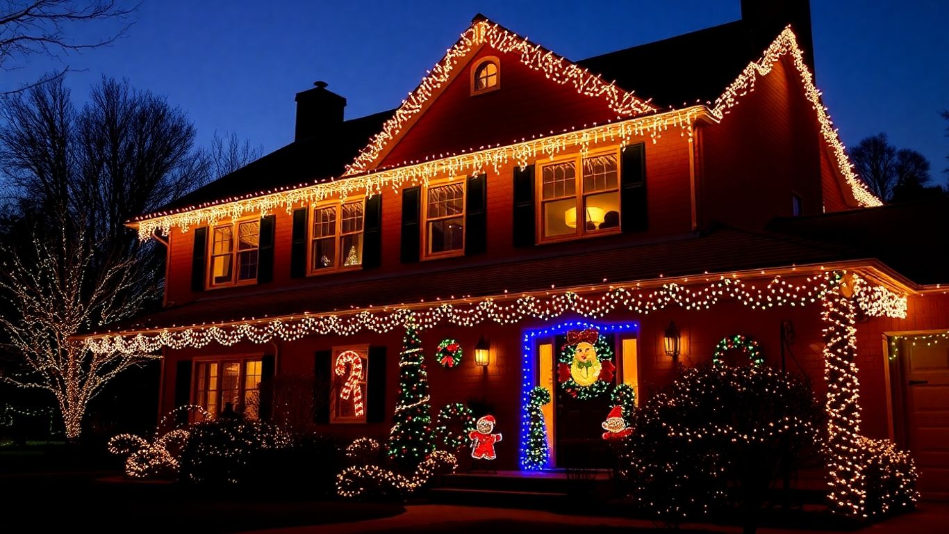 Professionally installed Christmas lights on a house exterior.