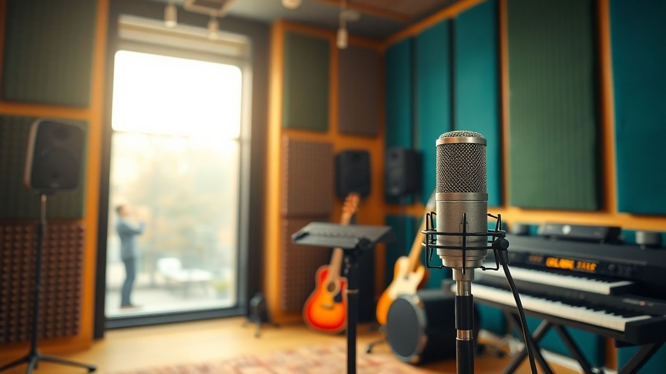 Musicians recording in a professional music studio.