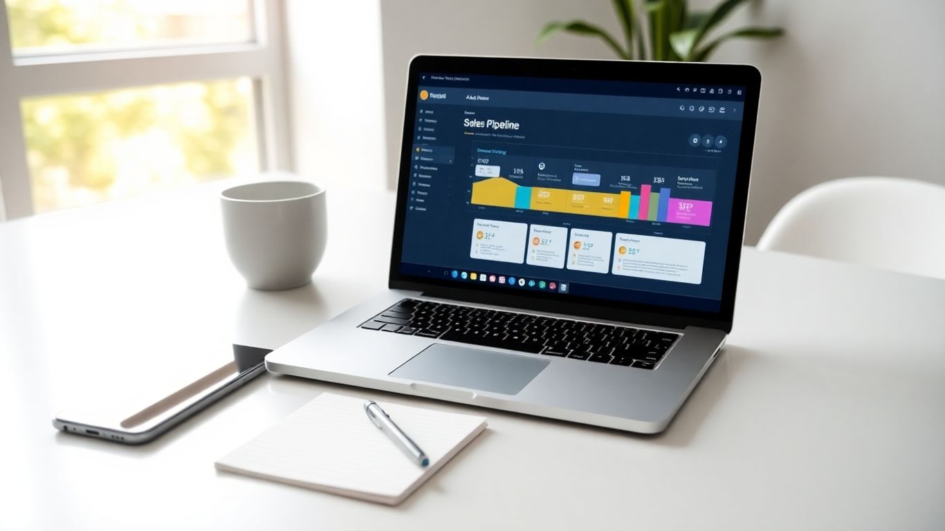 Pipedrive CRM sales pipeline on a laptop screen.