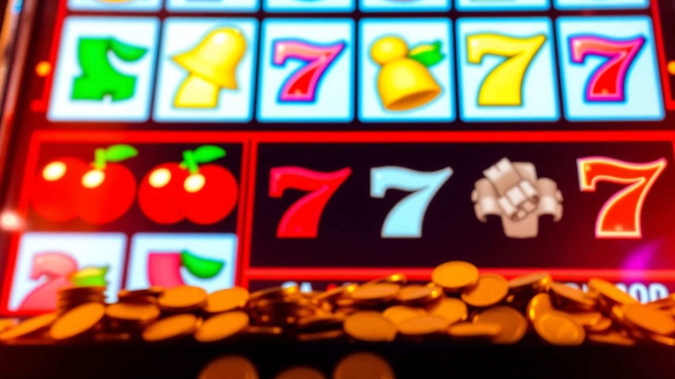 Slot machine paytable with symbols and coins.