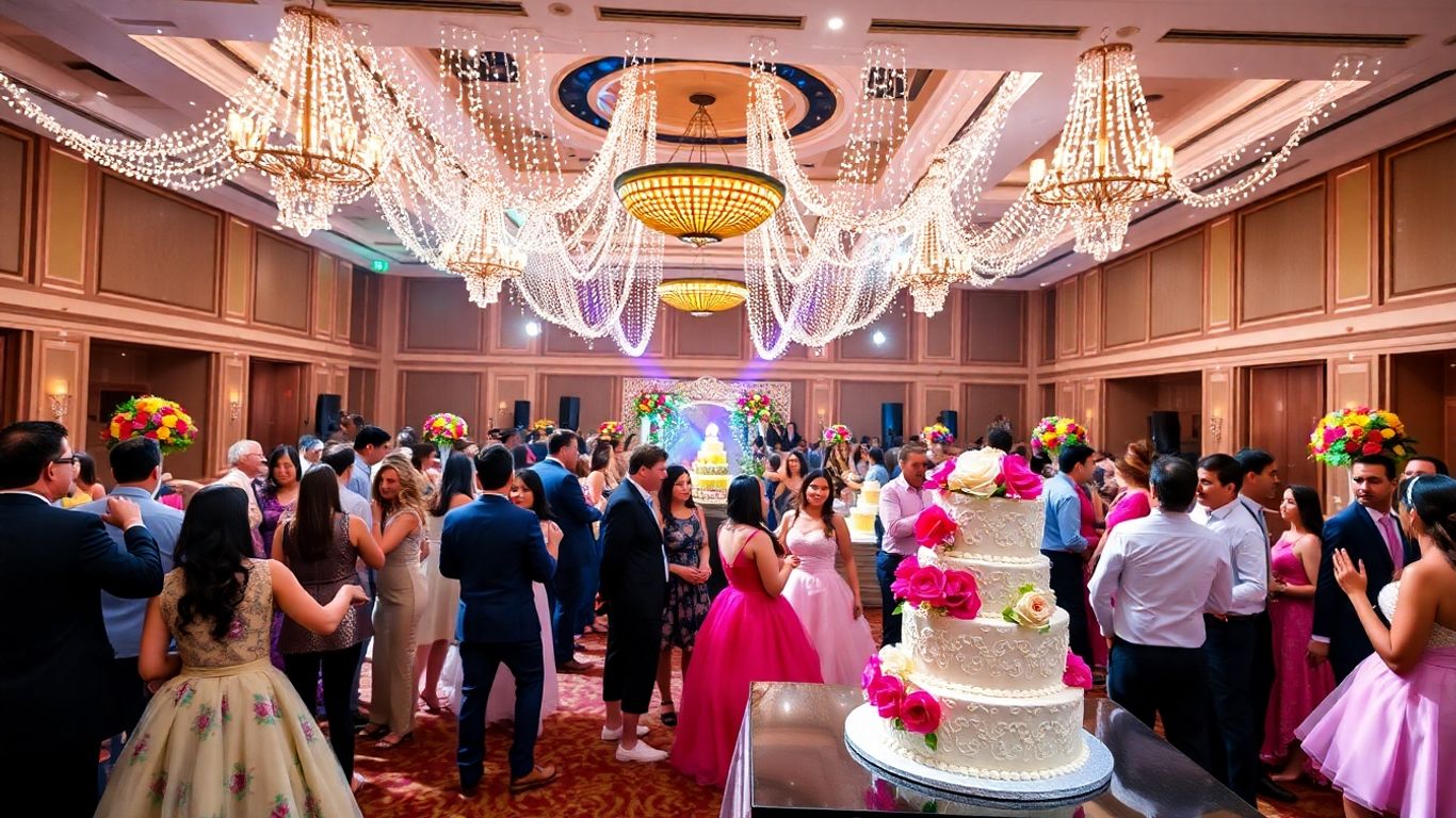 Elegant Quinceañera venue in Dallas with decorations and guests.