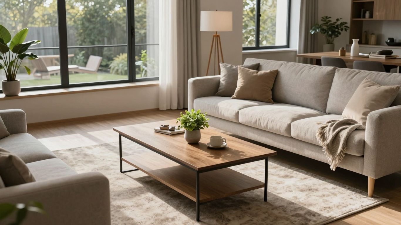 Modern Airbnb living room with natural light and decor.