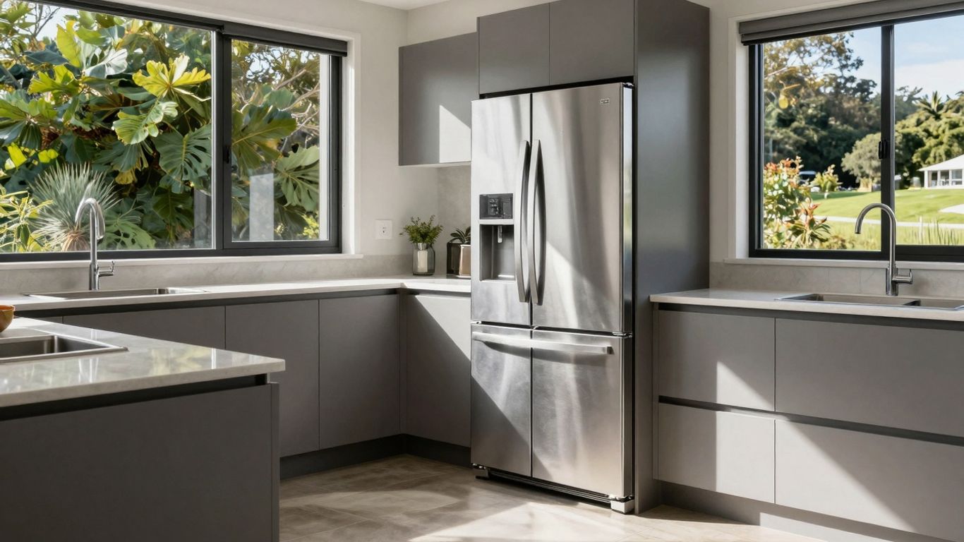 Fridge in a sunny NZ kitchen with space around it.