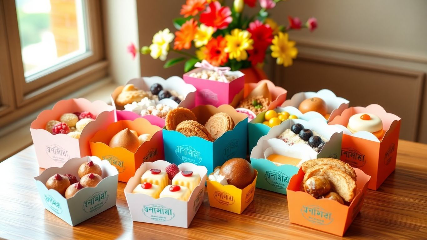 กล่องขนมไทยหลากหลายแบบวางบนโต๊ะไม้