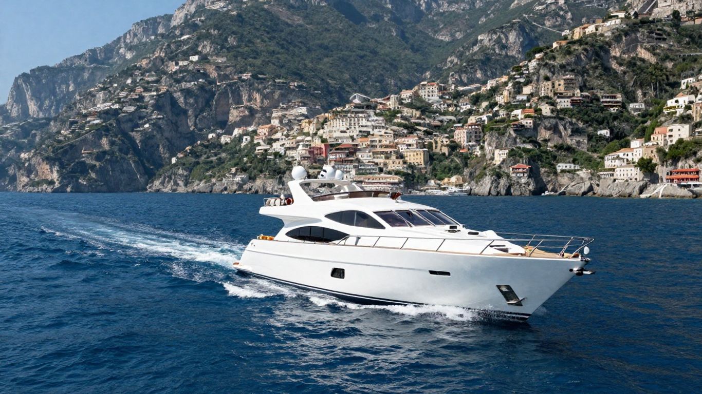 Luxury yacht sailing the Amalfi Coast, Italy.