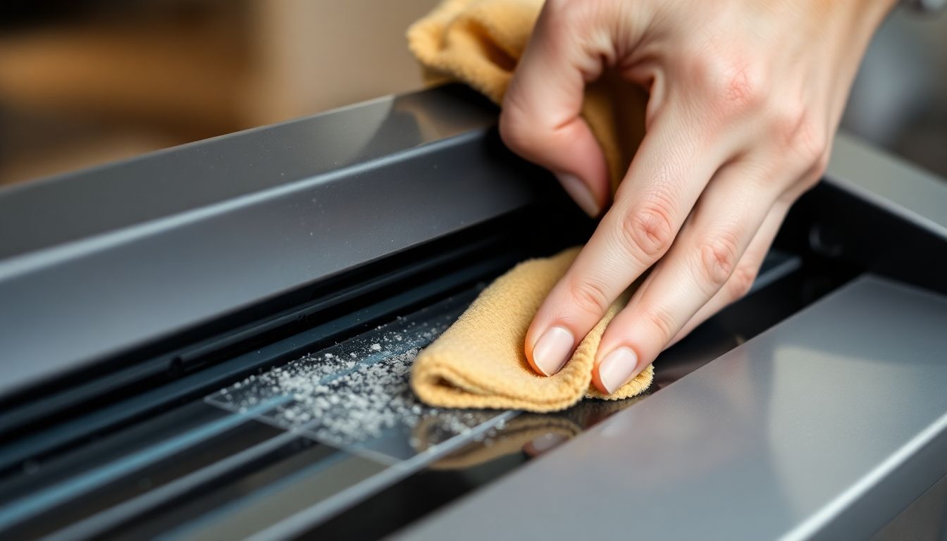 Cleaning the sealing bar of a vacuum sealer machine.