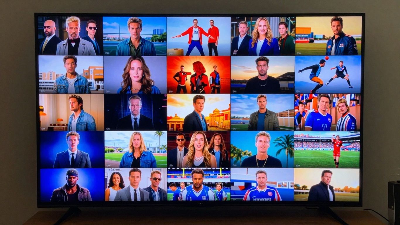 Television screen showing diverse entertainment options.