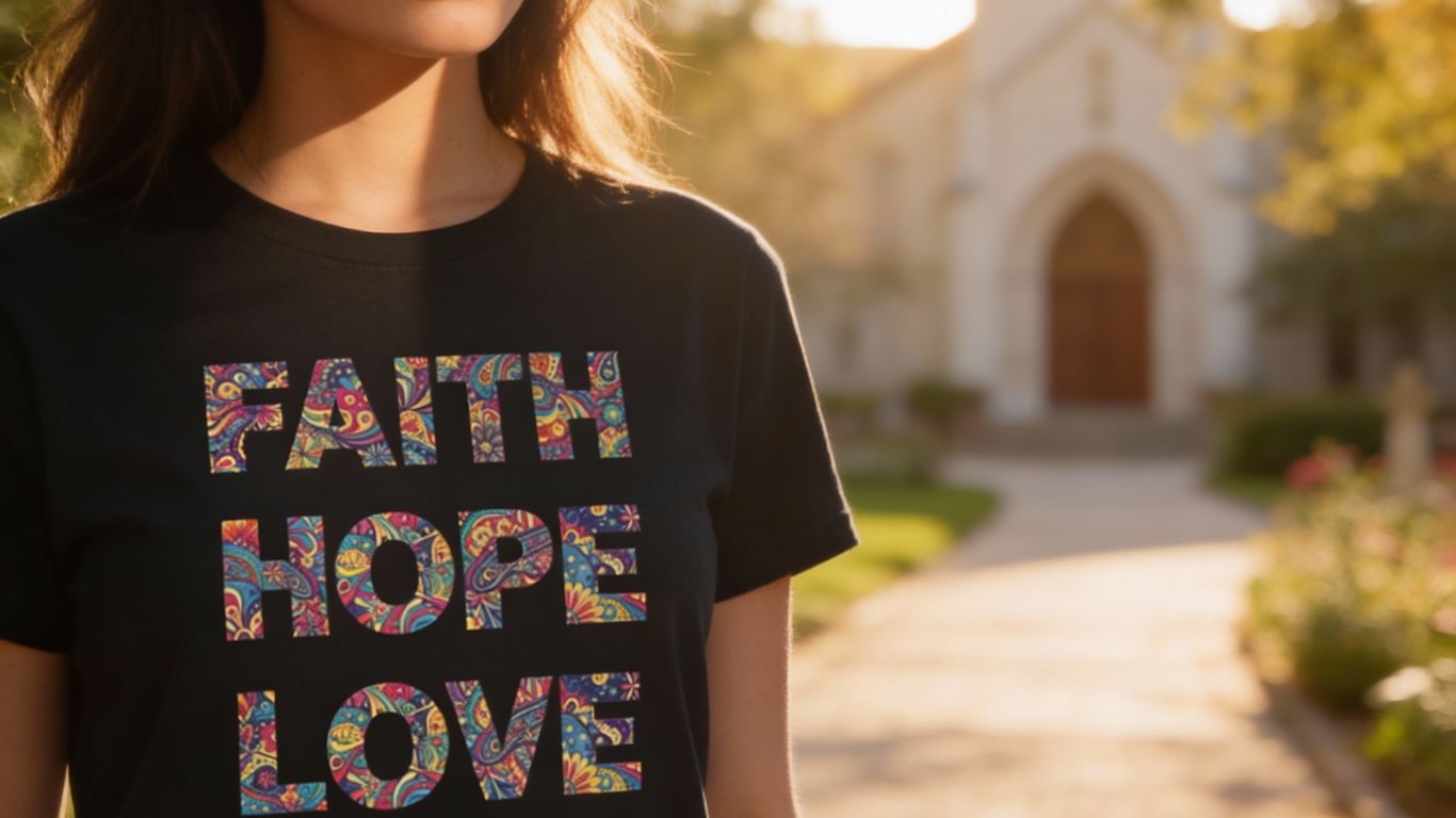A person wears a black t-shirt with colorful text saying Faith, Hope, Love.