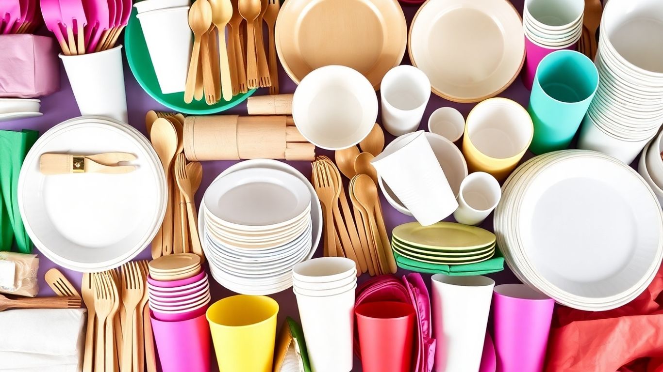 Assortment of disposable cutlery, plates, cups, and napkins.