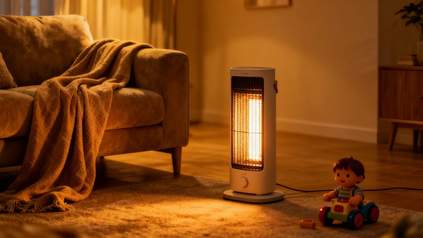 Space heater in a living room near a sofa.