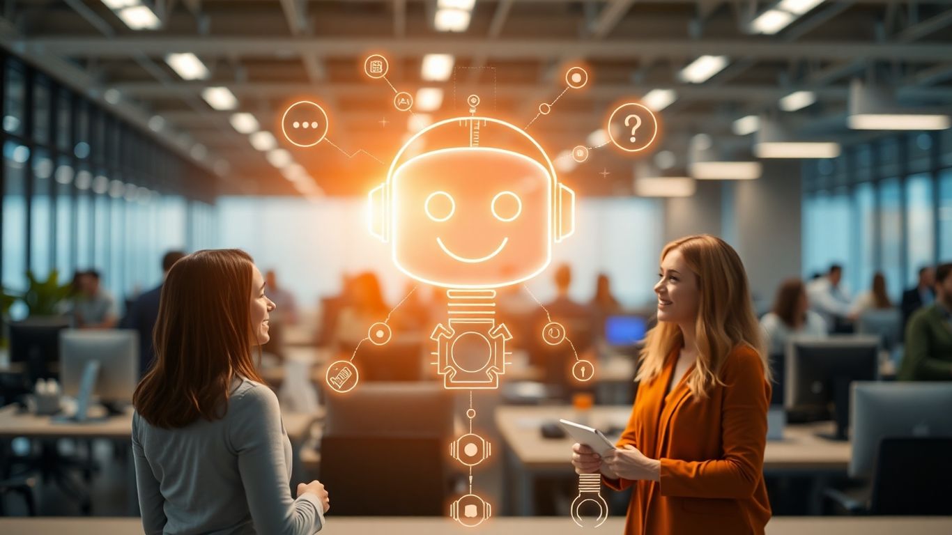 Chatbot ayudando a clientes en un entorno empresarial moderno.