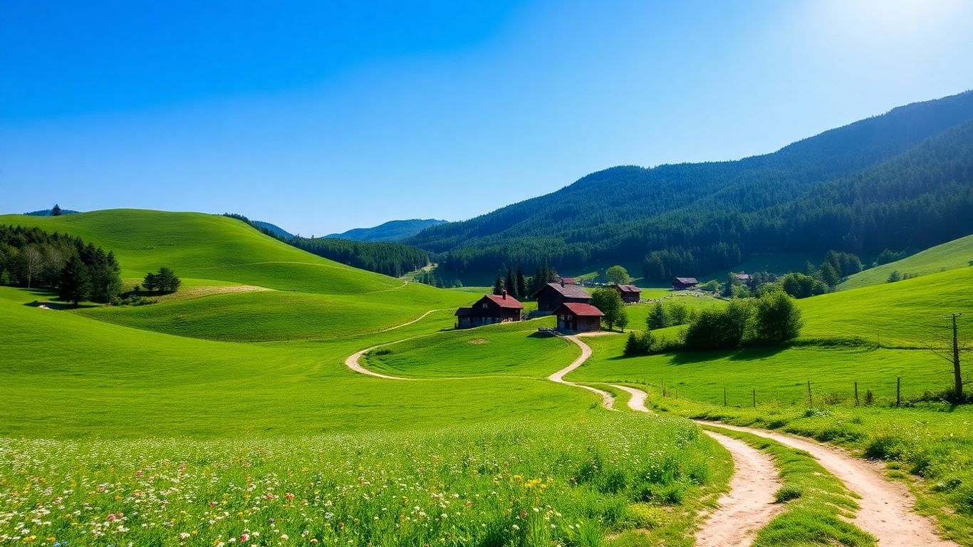 Peisaj rural românesc cu dealuri verzi și case tradiționale.