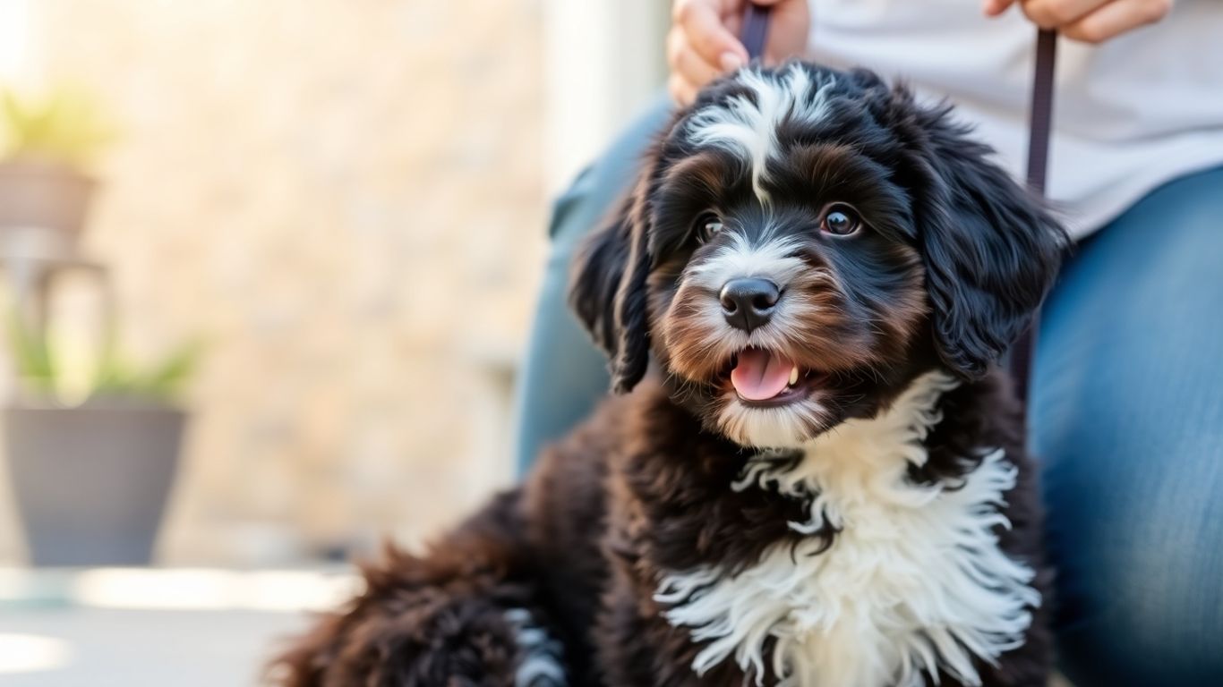 Bernedoodle puppy with a person holding a leash.