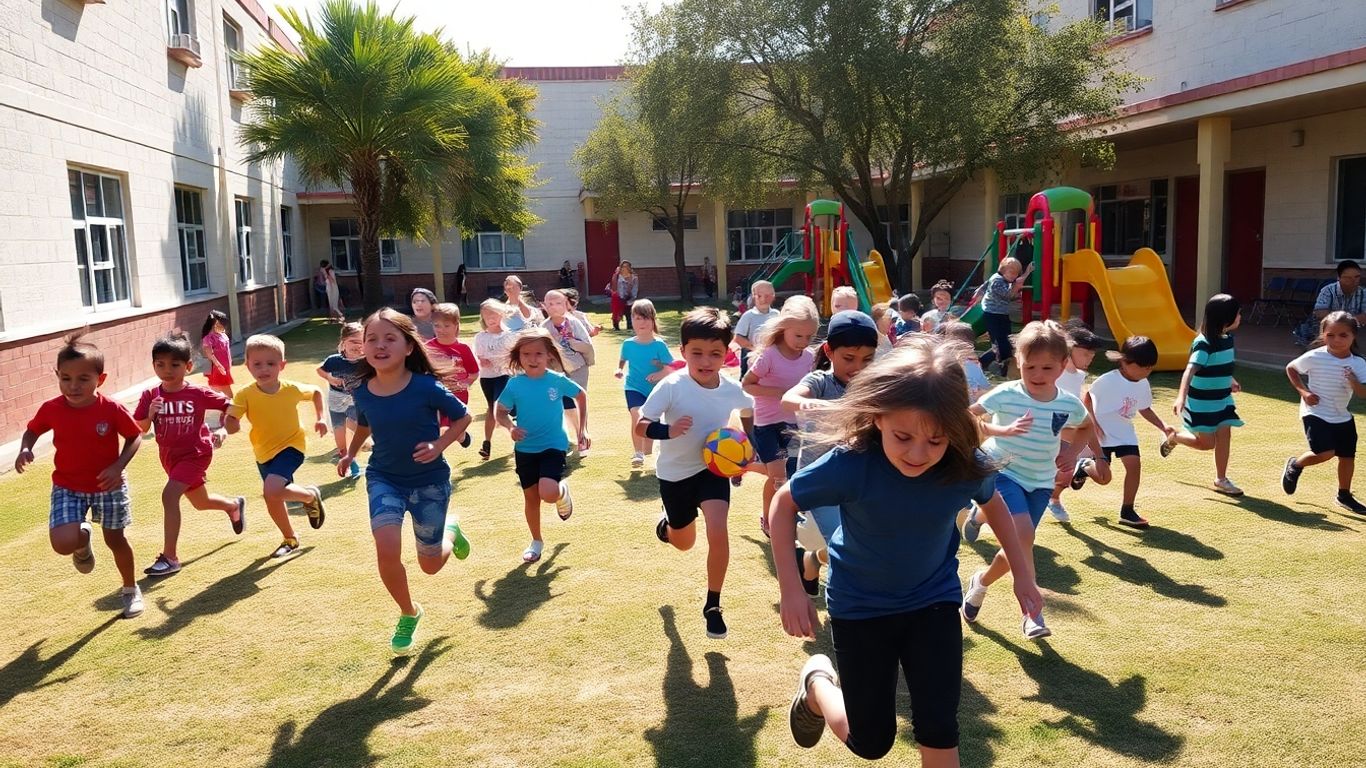 Kinder spielen und bewegen sich auf einem Schulhof