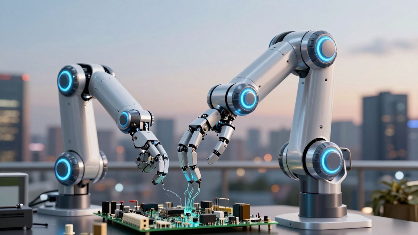 Robotic braț manipulând o placă de circuite, oraș futurist.