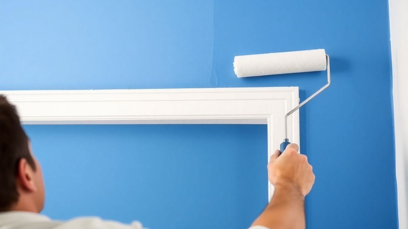 Painter applying smooth blue paint to interior wall with roller.