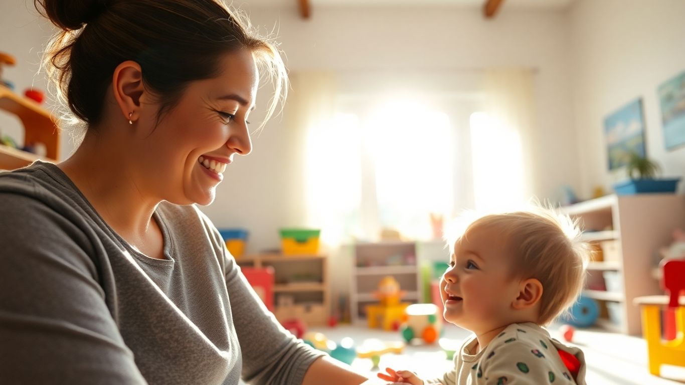 Autistic therapist happily engaging with a child in a bright room.