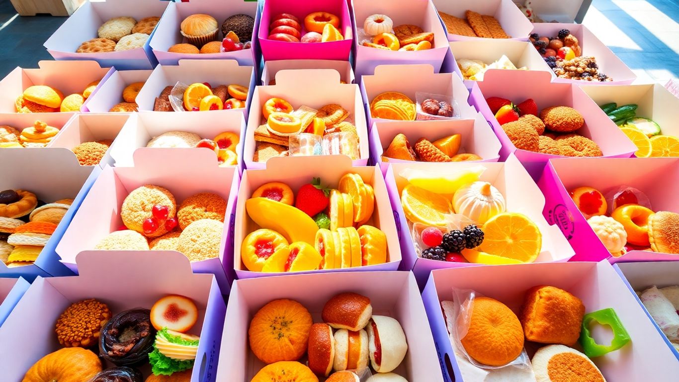 กล่องขนมหลากหลายเมนู จัดเรียงสวยงาม สำหรับงานเลี้ยง