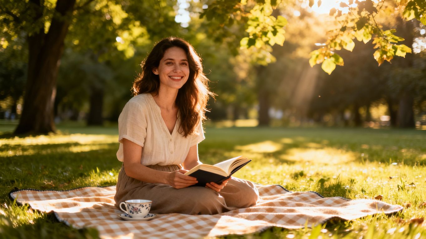 Woman enjoying a peaceful solo picnic in a park.