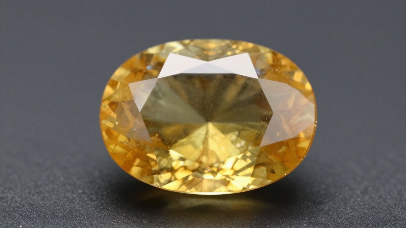 Golden topaz gemstone on dark surface, inner glow.