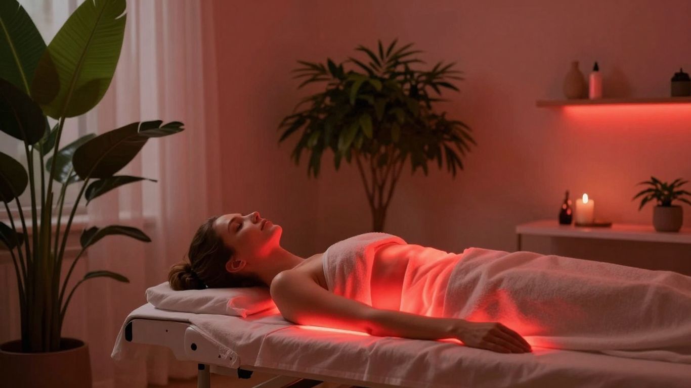 Red light therapy treatment room with person relaxing.