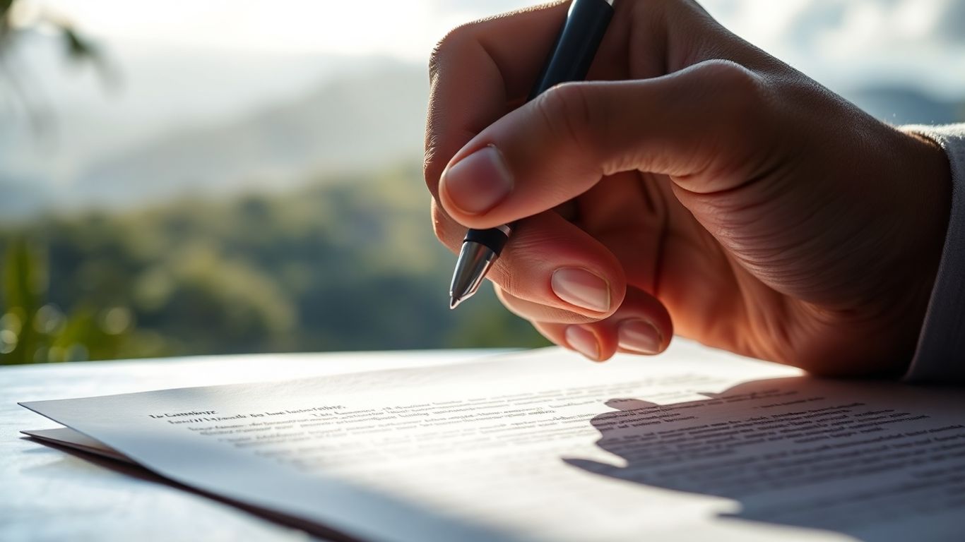 Hand signing a legal document with a pen.