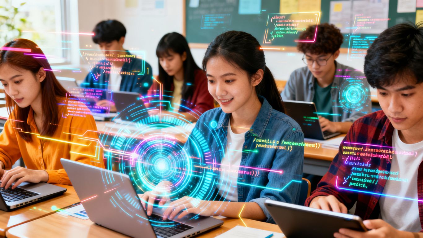 Diverse people learning programming and tech skills online.