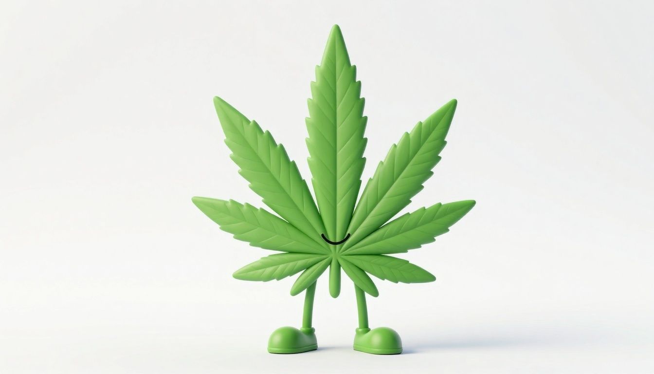 Cartoon marijuana leaf character with a friendly smile.