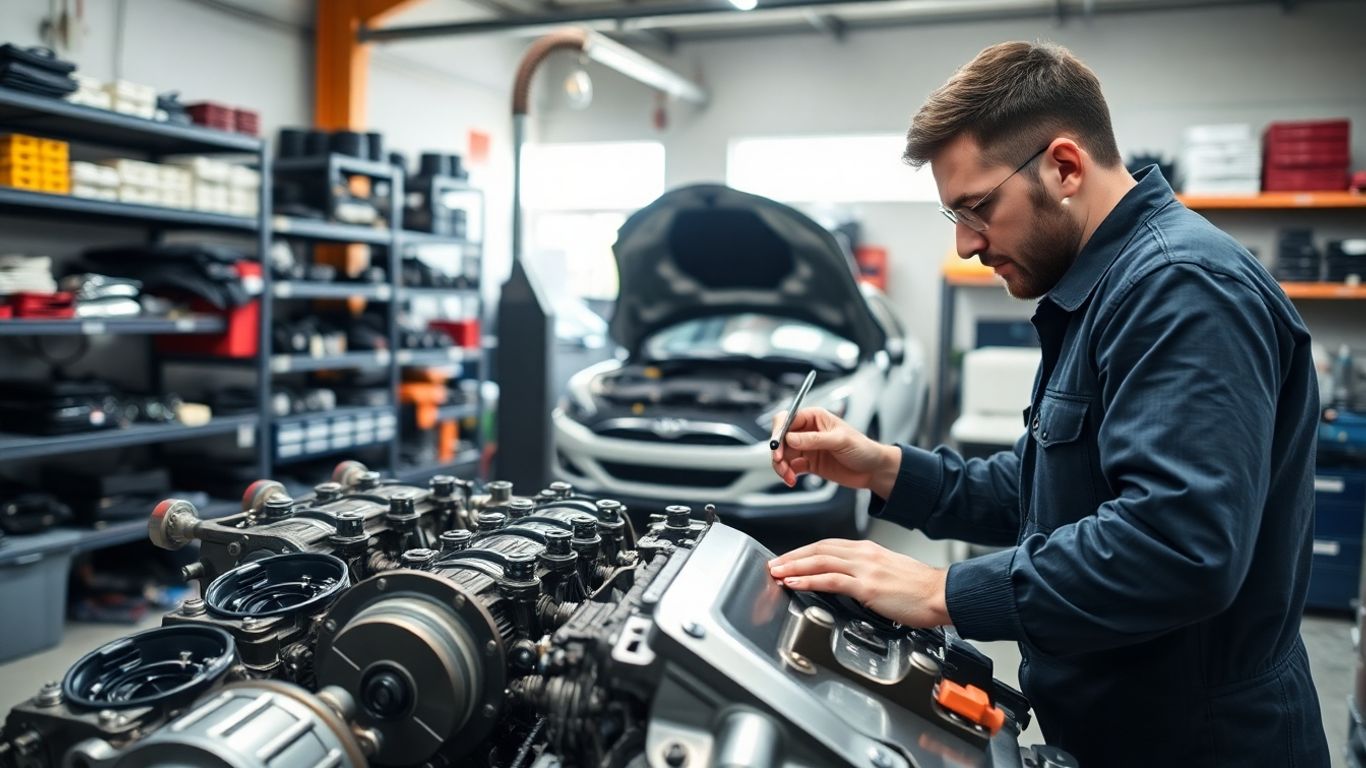 Mechanic checks genuine car engine parts in workshop