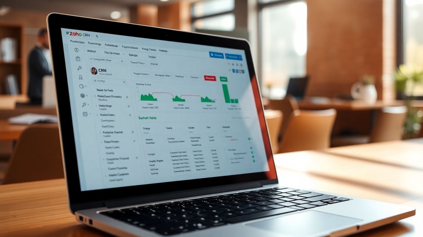 Zoho CRM interface on a laptop screen.