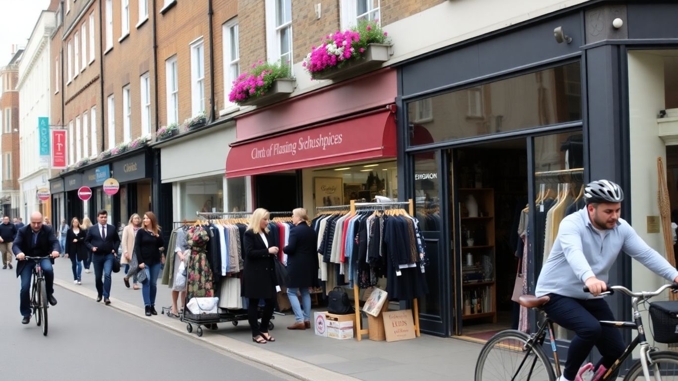 Londoners shopping at colourful charity shops on the street.