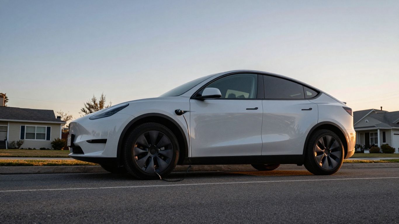 Electric car sits idle as sun sets, charging cable unused.