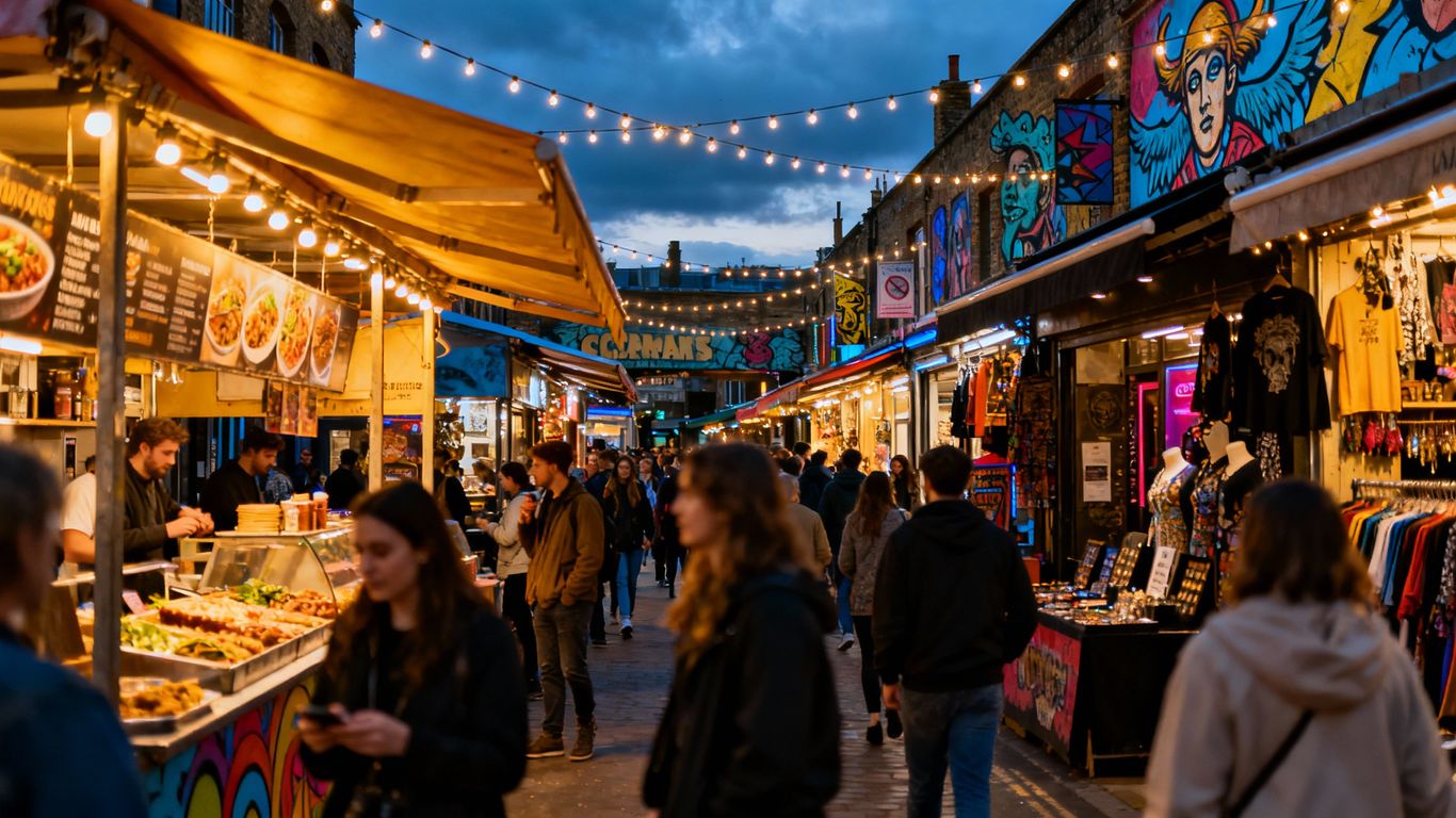 Busy Camden Market at dusk with people and stalls