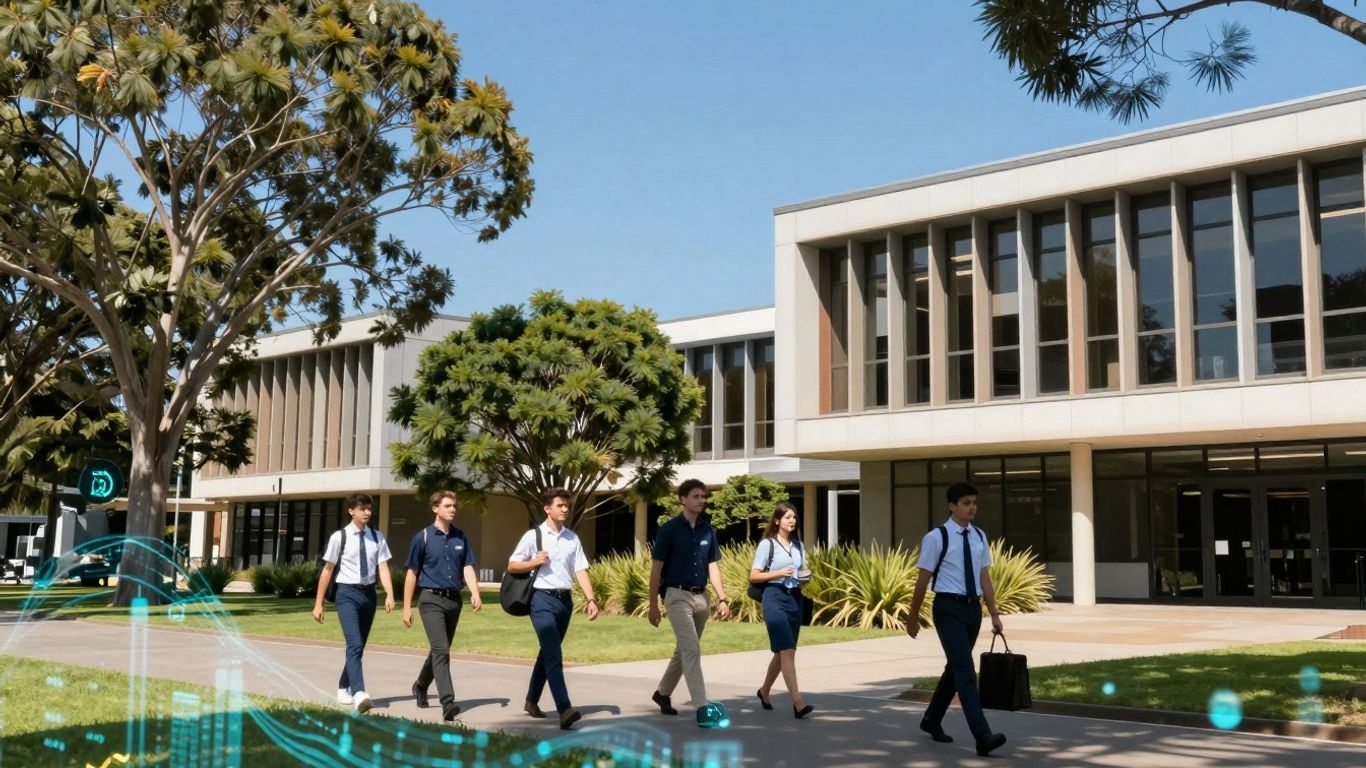 Australian university campus with students and digital health data overlay.